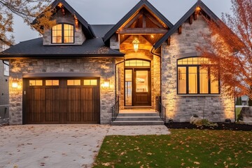 Newly Built Open Concept House with Double Garage, Beige Siding, and Natural Stone Pillars: A Chic Home Design, generative AI
