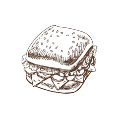 Hand drawn vector sketch of a piece of sandwich with vegetables, cheese, meat. Doodle vintage illustration. Decorations for the menu of cafes and labels. Engraved immage.