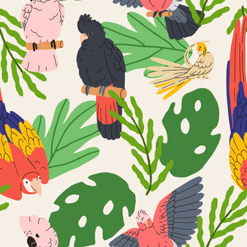 Exotic parrots, seamless pattern design. Jungle birds in leaves, repeating print. Endless wild nature background, tropical parakeet, cockatoo. Colorful flat vector illustration for textile, wallpaper