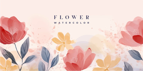 Fototapeta na wymiar Flower watercolor art background vector. Wallpaper design with floral paint brush line art. leaves and flowers nature design for cover, wall art, invitation, fabric, poster, canvas print.