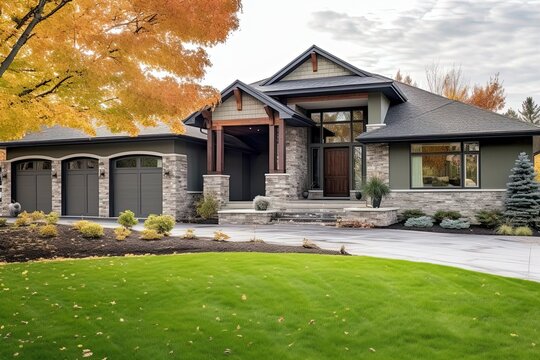 Contemporary Design at its Finest: Elegant Newly Built Home with Three-Car Garage, Light Green Siding, and Natural Stone Accents, generative AI