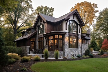 Fototapeta na wymiar Exquisite New Construction Property with Sophisticated Design and Three-Car Garage Featuring Burgundy Siding and Natural Stone Pillars, generative AI