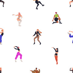 Fototapeta na wymiar Vogue dancers, seamless pattern. Fashion modern dance style, repeating print. Endless background, sexy sassy young men, women in trendy costumes. Colored flat graphic vector illustration for textile