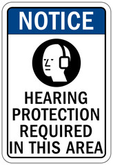 Ear protection area sign and labels hearing protection required in this area