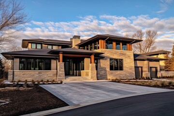 Contemporary Flair: Impressive New Build House with Four-Car Garage and Striking Bronze Siding, Enhanced by Natural Stone Features, generative AI