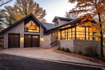Fototapeta na wymiar Modern Architecture: Inviting Home with Two-Car Garage, Light Brown Siding, and Natural Stone Walls, generative AI