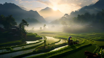 Farmers farming on rice terraces. Ban Pa Bong Piang Northern region in Mae Chaem District Chiangmai Province That has the most beautiful rice terraces in indonesia.