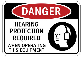 Ear protection area sign and labels hearing protection required when operating this equipment