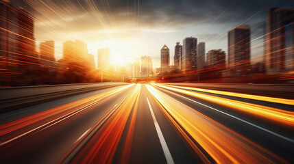 Abstract speeding motion Blur City with light trails. 3D rendering