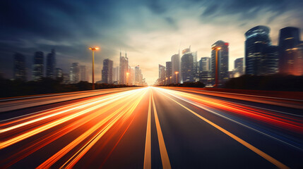 Abstract speeding motion Blur City with light trails. 3D rendering