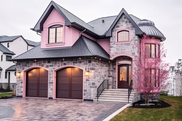 Fototapeta na wymiar Cutting-Edge Architecture Defines Luxurious Brand New Home with Two-Car Garage, Pink Siding, and Natural Stone Facade, generative AI