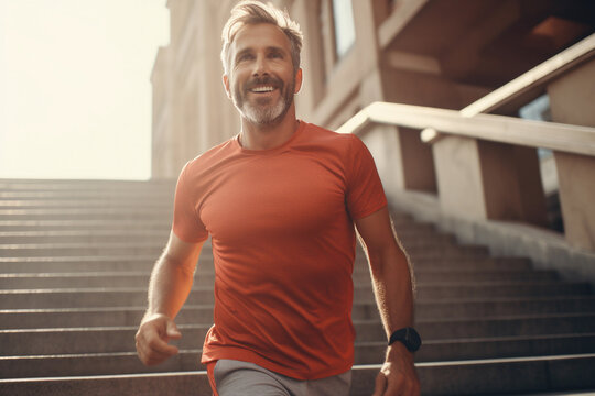 Healthy lifestyle middle aged man runner running upstairs on city stairs