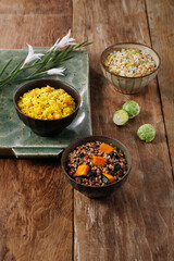 spices and herbs on wooden table