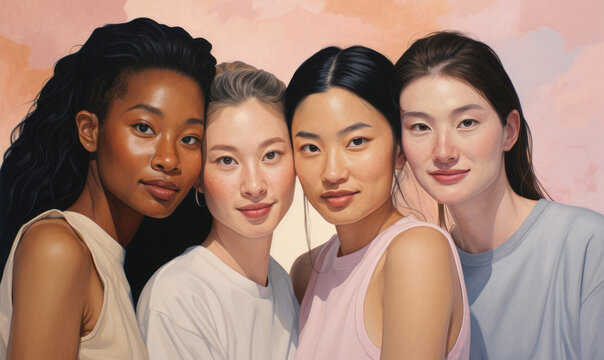 Face portrait, beauty and group of women in studio on gray background. Cosmetics, makeup and diversity of female models with glowing and flawless skin