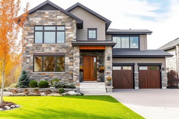 Spacious Front Yard & Double Garage: A Modern New Construction House with Green Siding and Natural Stone Features, generative AI