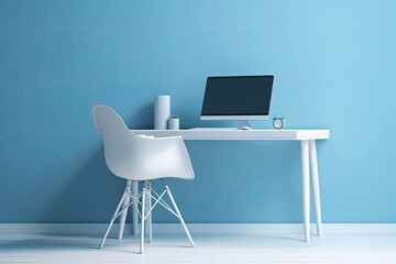 Fototapeta premium a minimal, realistic concept White chair and keyboard on a table next to a desktop computer are shown against a blue background. The room's office has area for your words to be copied. Generative AI
