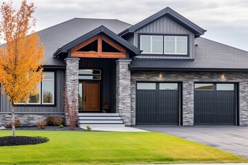 Spacious Front Yard, Dark Gray Siding: A Modern New Construction House with Natural Stone Features and Double Garage, generative AI