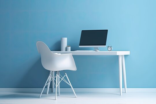a minimal, realistic concept White chair and keyboard on a table next to a desktop computer are shown against a blue background. The room's office has area for your words to be copied. Generative AI