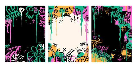A set of modern graffiti posters. Street art in the grunge style with lettering. Template for printing