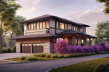 Spacious Front Yard & Double Garage: The Perfect Blend of Modern Construction and Unique Purple Siding with Natural Stone Features, generative AI