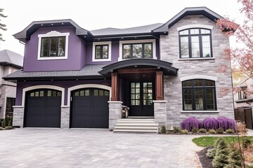 Cutting-Edge Features in Prestigious Newly Developed Home with Single Car Garage and Light Purple Siding, Enhanced by Natural Stone Cladding, generative AI