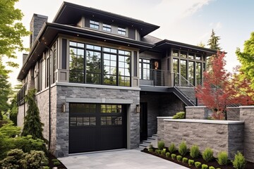 Cutting-Edge Design and Opulent Features: A Dark Gray Siding Property with Two-Car Garage and Natural Stone Staircase, generative AI