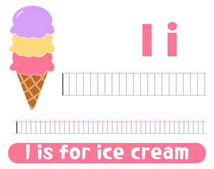 Tracing alphabet letter I with cute ice cream. Worksheet for children.