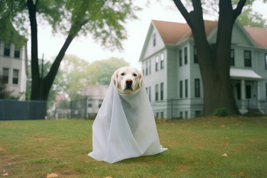 Dog in halloween ghost costume in backyard