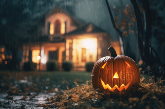 Halloween pumpkin and haunted house, foggy autumn backyard