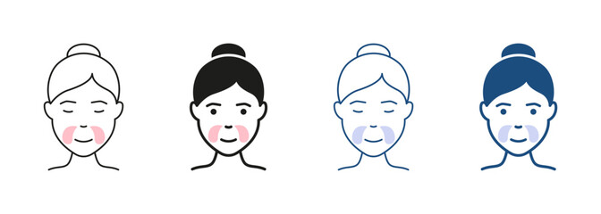 Patches for Beauty Skin. Girl Use Gel Patch Line and Silhouette Icon Set. Face Anti Aging Procedure, Cosmetic Collagen Patches Against Wrinkles Symbol Collection. Isolated Vector Illustration