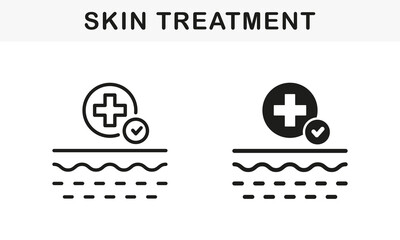 Medical Skin Treatment Line and Silhouette Black Icon Set. Dermatology Healthcare Therapy. Healthy Beauty Clean Skin Pictogram. Skin Health Checking Symbol Collection. Isolated Vector Illustration