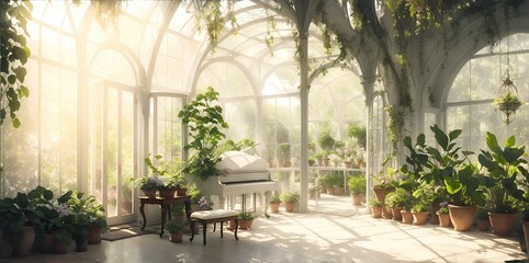 Fototapeta na wymiar Glass white greenhouse with windows and plants.