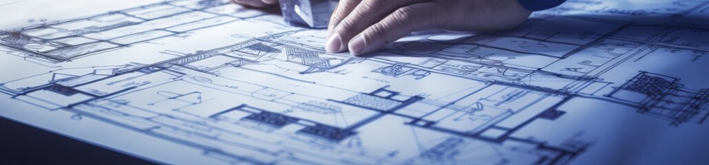 Person's engineer Hand Drawing Plan On Blue Print. AI