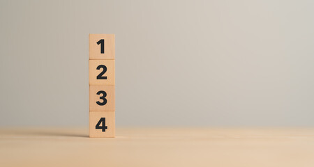 Task priority and management concept. The order of priority in any activity. Set work priority, arrange to do list. Wooden cube blocks with number first, second, third and fourth.
