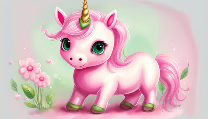 Cute little unicorn in pink with flowers painting style with copy space