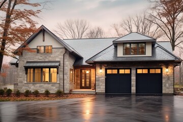 Stylish Design, Three-Car Garage: Sophisticated New Build Property with Light Green Siding and Natural Stone Walls, generative AI