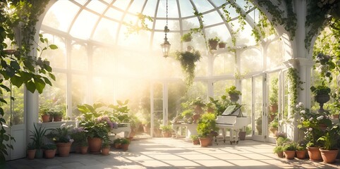 Glass white greenhouse with windows and plants.