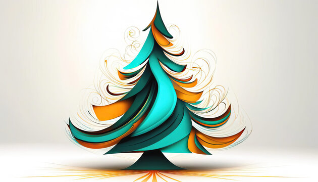 Abstract swirly christmas tree in teal and orange colors with copy space