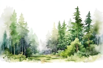 Watercolor Forest Landscape on white background Generative AI