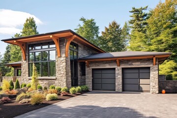 Stylish Sophisticated New Build Property with Three-Car Garage, Coral Siding, and Natural Stone Walls, generative AI