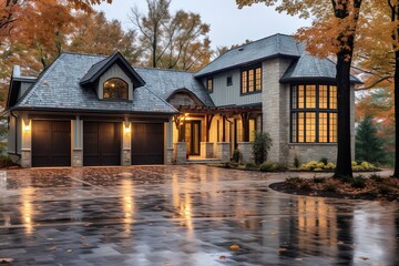Stylish Design: Sophisticated New Build Property with Three-Car Garage, Mint Green Siding, and Natural Stone Walls, generative AI