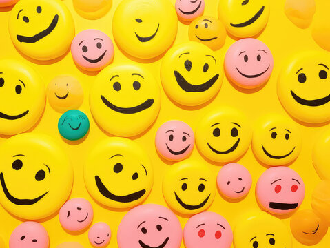 Many smiling faces on a yellow background