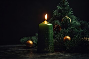 Obraz na płótnie Canvas Vertical image of a green Christmas tree candle on a dark background. Generative AI