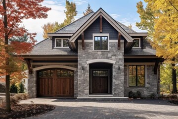 Fototapeta na wymiar Stylish Design and Sophisticated Features: A New Build Property with Three-Car Garage, Gray Siding, and Natural Stone Walls, generative AI