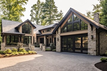 Naklejka premium Stylish Design with Three-Car Garage: Sophisticated New Build Property with Beige Siding and Natural Stone Walls, generative AI