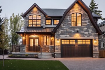 Freshly Constructed House with Innovative Design, Double Garage, Lavender Siding, and Natural Stone Elements, generative AI