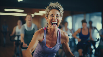middle aged woman doing a spinning class at a gym. aged woman working out exercising on a treadmill in a gym. mood fun.