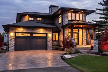 Double Garage & Lavender Siding: Splendid Fresh Construction House with Innovative Design & Natural Stone Elements, generative AI