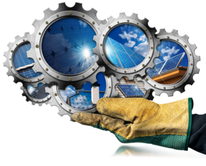 Gloved hand holding a group of seven metallic cogwheels (gears) with solar panels inside, isolated on white or transparent background, photography and 3d illustration. Renewable energy concept. Png.