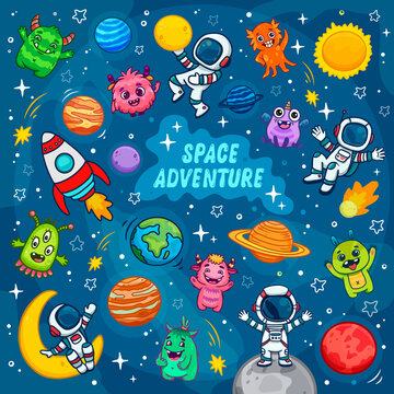  Space for children. Cartoon astronauts in the galaxy. Set of cosmic elements. Colorful Space Background with cosmonauts, planets, stars, aliens and monsters.
